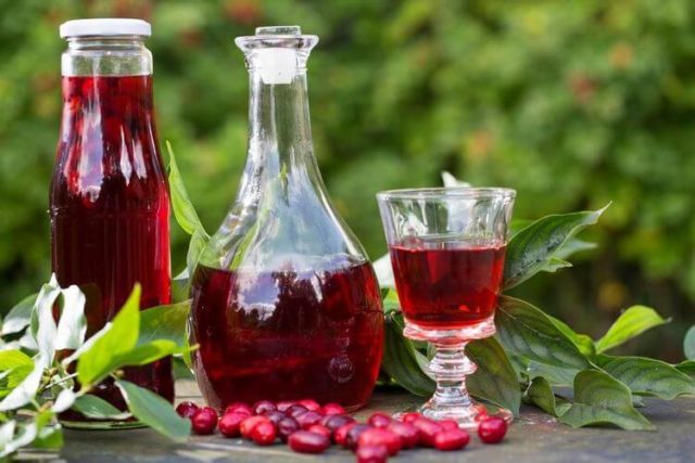 настойка кизила в бутылке и стакане